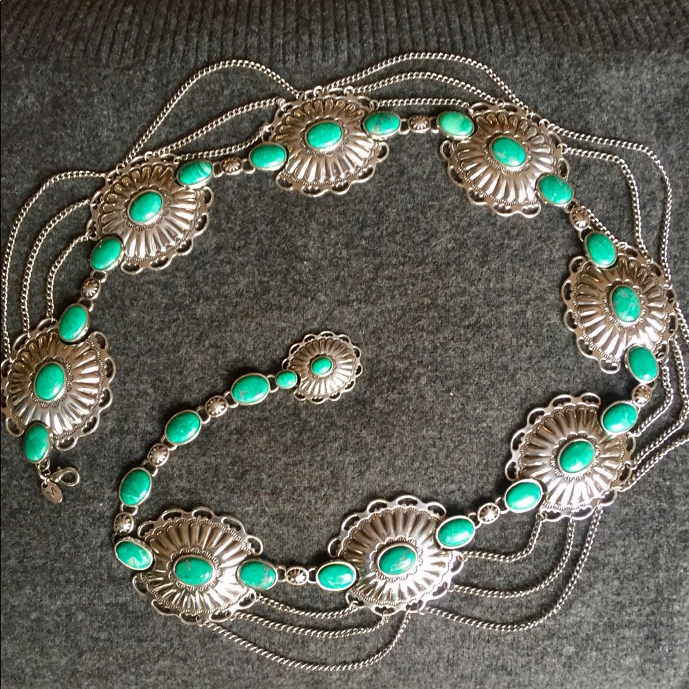 Silver Concho Belt, green turquoise stones